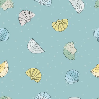 Yüzey tasarımı ve diğer tasarım projeleri için el yapımı kabukları, kumları ve dalgaları olan kusursuz desen. Yaz ve sahil konsepti