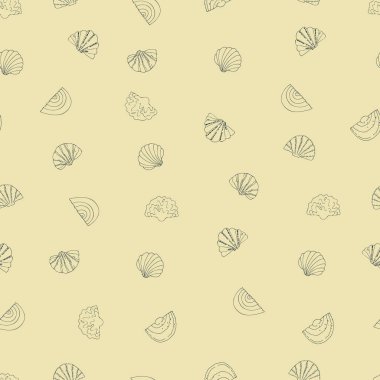 Yüzey tasarımı ve diğer tasarım projeleri için el yapımı kabukları, kumları ve dalgaları olan kusursuz desen. Yaz ve sahil konsepti