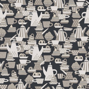 Kusursuz desen. İskandinav tarzı desenlerle süslenmiş mavi ve beyaz çanak çömlek. Sıcak içecekler, çömlek, tatil konsepti. Paket kağıdı ve diğer tasarım projeleri için