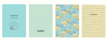 El yapımı kabukları, kumları ve dalgaları olan kapak sayfası şablonları. Kusursuz kalıplara dayanarak. Defterler, defterler, günlükler için arka planlar. Başlıklar izole ve değiştirilebilir