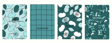 Elle çizilmiş meyve, sebze, mutfak gereçleri sağlıklı meyve ve vejetaryen gıda kavramına dayalı tarif kitapları için kapak sayfası şablonları