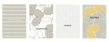 Elle çizilmiş meyve, sebze, mutfak gereçleri sağlıklı meyve ve vejetaryen gıda kavramına dayalı tarif kitapları için kapak sayfası şablonları