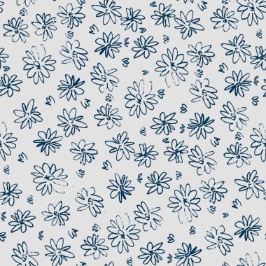 Ditsy tarzında, el çizimi çayır çiçekleri olan kusursuz bir desen. Yüzey tasarımı ve diğer tasarım projeleri için açık renkli arkaplan üzerine renkli çizimler