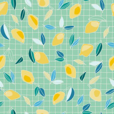 Tekstil, ev dekorasyonu, görsel iletişim, içerik, sosyal medya geçmişi, posterler, çizimler ve ince kareli vejetaryen gıdalara karşı elle çizilmiş limon deseni.