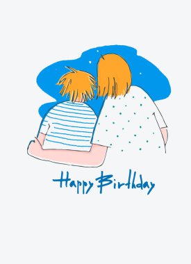 Happy Birthday greeting card design with with a woman and a boy who look at the sky together in retro style and handwritten signature Happy Birthday Template for IG, web, postcard, social network clipart