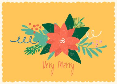 Vintage Merry Christmas card with poinsettia for festive branding projects, logos, stickers, invitations, scrapbooking, wall posters, social media and for decorating your home, crafts and goods clipart