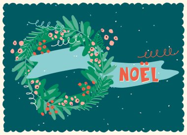 Vintage card with Noel hand lettering in French with Traditional Christmas symbols and decorations for festive projects, invitations, wall posters, social media and for home, crafts and goods clipart