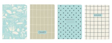 El çizimi mantar ve mantar desenlerine dayalı kapak sayfası şablonları. Not defterleri, not defterleri, günlükler için arkaplanlar