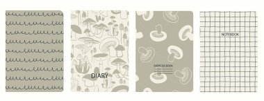 Cover page templates based on patterns with hand drawn Mushrooms, Toadstool. Backgrounds for notebooks, notepads, diaries clipart