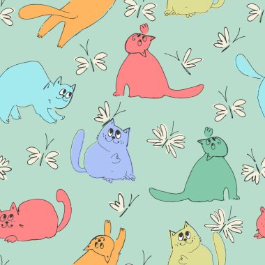 Seamless pattern with funny cats playing. Perfect for kids. Lovecat illustrations in cartoon style clipart