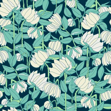 Elle çizilmiş kusursuz desen kalın çiçekler. Yüzey tasarımı ve diğer tasarım projeleri için mavi arkaplan üzerinde renkli çizimler