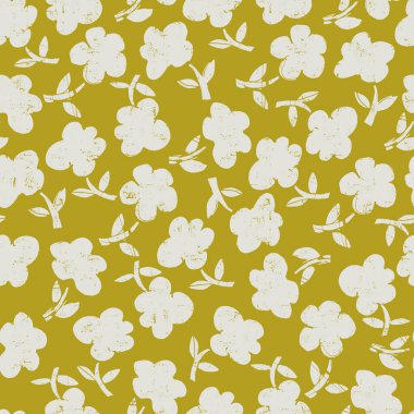Elle çizilmiş kusursuz desen kalın çiçekler. Tekrarlayan tasarımları tekstil ürünlerine aktarmak için tahta bloklar kullanan yazdırma işleminden esinlenen çiçek bloğu baskıları.