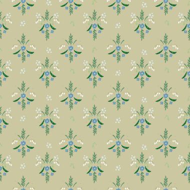 Elle çizilmiş çayır çiçekleriyle kusursuz desen. Tekrarlayan tasarımları tekstil ürünlerine aktarmak için tahta bloklar kullanan yazdırma işleminden esinlenen çiçek bloğu baskıları.