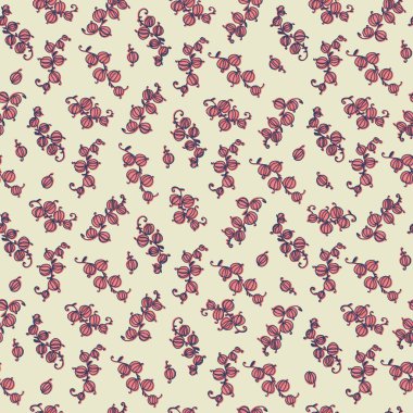 Desenleri tekstil üzerine tekrarlayan tasarımları aktarmak için tahta bloklar kullanan yazdırma işleminden esinlenilmiş kuşüzümü demetleri ile el çizimi ile kusursuz desen.