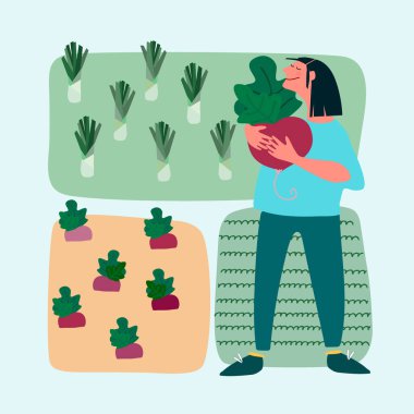 Çiftçilik ve tarım kavramı. Üniformalı gülen erkek çiftçi ya da bahçıvan olgun sebze ve meyve sepeti tutuyor. İş ve hasat. Çizgi film düz vektör çizimi beyaz arkaplanda izole edildi