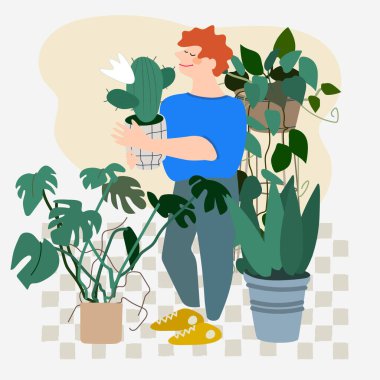 Güzel genç kadın sulama houseplants. Kapalı bitkiler bakımı. Hobi. Düz tarzda vektör Illustration