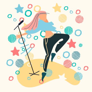 Kollarını hareket ettiren mutlu dansçı adam, eller yukarı. Enerjik bir duruşu olan neşeli genç adam, gülümsüyor, müzik partisinde taşınıyor, konser, disko, eğleniyor. Düz vektör çizimi beyaz arkaplanda izole edildi