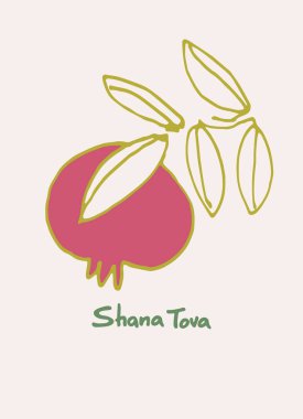 Rosh Hashana selamlama vektör geçmişi. İbranice Mutlu Yıllar Diliyoruz. Elle çizilmiş nar dalıyla süslenmiş el yazması bir metin. Beyazın üzerinde izole.