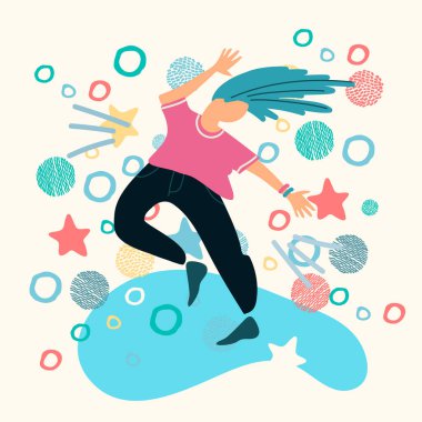 Kollarını hareket ettiren mutlu dansçı adam, eller yukarı. Enerjik bir duruşu olan neşeli genç adam, gülümsüyor, müzik partisinde taşınıyor, konser, disko, eğleniyor. Düz vektör çizimi beyaz arkaplanda izole edildi