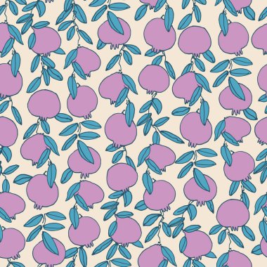 Kusursuz desen. Meyveli nar ağacı dalları. Yüzey tasarımı ve diğer tasarım projeleri için açık renkli arkaplan üzerine çizilmiş vektör çizimi Shana Tova