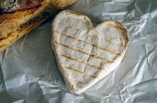 stock image Neufchatel Cheese is into a heart shape and placed on a white paper. A piece of bread is also present in the image