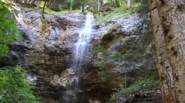 Bir şelale kayalık bir uçurumdan aşağı akıyor.