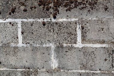 Beyaz çizgileri ve gri arkaplanı olan tuğla bir duvar. Duvar kirli ve pürüzlü.