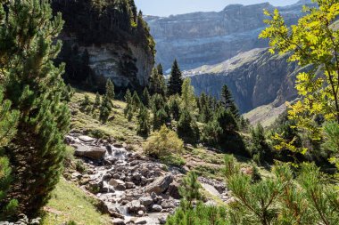 İçinden akarsu akan bir dağ sırası. Nehir ağaçlar ve kayalarla çevrilidir. Sahne huzurlu ve huzurlu. Gavarnie Sirki, Fransa