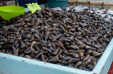 Bir pazarda bir yığın midye sergileniyor. Yığın büyüktür ve birçok midye içerir.