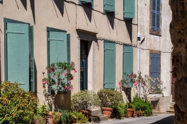Önünde yeşil panjurlar ve çiçek bahçesi olan bir bina. Panjurlar açık. Binanın önünde saksı bitkileri var.
