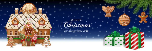 ジンジャーブレッドクッキーとクリスマスバナー ジンジャーブレッドの風景とクッキーとキャンディー — ストックベクタ