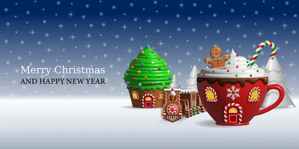 Sztandar Świąteczny Fantastycznym Krajobrazem Boże Narodzenie Tło Słodkim Kształcie Domów — Wektor stockowy