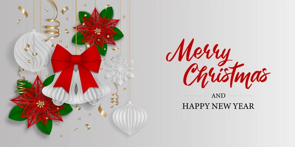 Kağıt süslemeli Noel afişi. Kağıt noktalı Noel kartı. Çiçekler, çanlar ve Noel baloları.