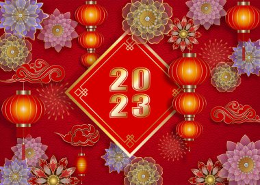 Kırmızı fenerler ve renkli çiçeklerle Çin 'in yeni yıl arkaplanı. Çin yeni yıl kartı.