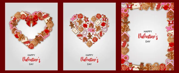 Valentinstag Karten Mit Lebkuchen — Stockvektor