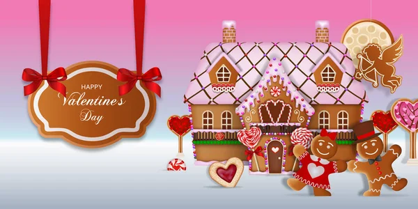 Valentine Day Background Gingerbread Cookies Candies Gingerbread Landscape House Loving — Stock Vector