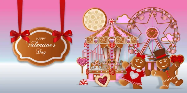Valentine Day Background Gingerbread Cookies Gingerbread Landscape Funfair Loving Couple — Stock Vector