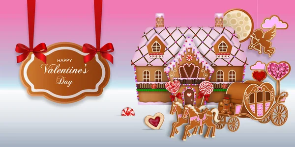 Valentinstag Hintergrund Mit Lebkuchen Lebkuchenlandschaft Mit Herzförmiger Kutsche Und Haus — Stockvektor