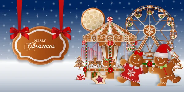 Vánoční Pozadí Perníkovými Sušenkami Perníková Krajina Veselým Perníkovým Mužem Perníčkovou — Stockový vektor