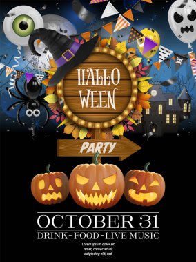 Ahşap tabelası ve cadı şapkası olan cadılar bayramı partisi posteri. Cadılar Bayramı kutlamaları flamalı, parti balonlu ve balkabaklı.