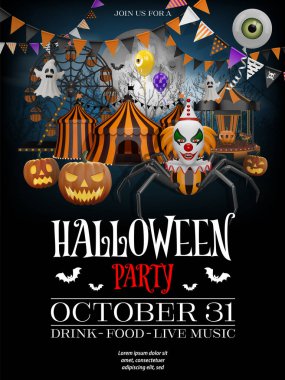 Lanetli eğlence parkı olan cadılar bayramı partisi posteri. Şeytani bacaklı, balkabaklı, helyum balonlu ve korkunç manzaralı renkli flamalı Cadılar Bayramı broşürlü.