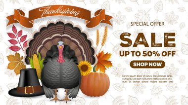 Şükran Günü pankartı, hindi, balkabağı ve hacı şapkası.