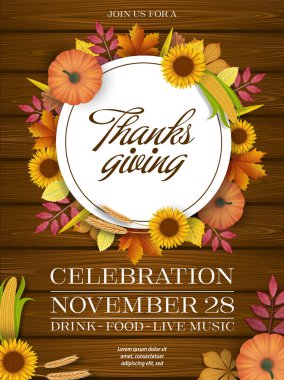 Ahşap arka planda balkabağı ve güz yaprakları olan şükran günü posteri. Sonbahar festivali posteri