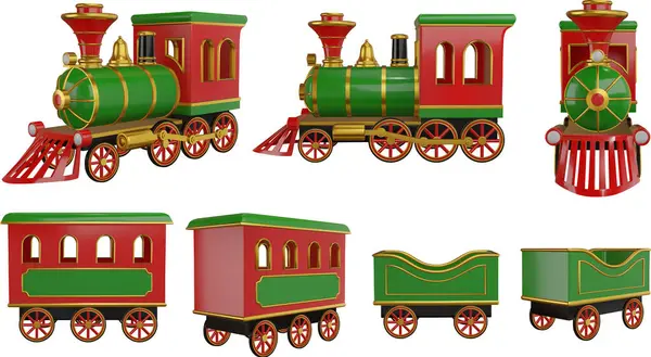 Noel oyuncağı tren parçaları farklı görüşlerde. Gerçekçi 3 boyutlu tren elementleri. izole edilmiş lokomotif ve buhar vagonları