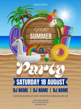 Plaj elementleri, şişme kutular ve palmiye ağaçlarıyla dolu bir yaz partisi posteri. Merhaba, plaj manzarasında ahşap gemi tekerleği olan yaz broşürü.