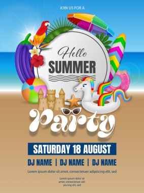 Plaj elementleri, şişirilebilir ve tropikal yapraklı bir afiş. Merhaba plaj manzaralı yuvarlak etiketli yaz broşürü.