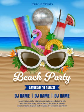 Merhaba yaz partisi posteri. Plaj manzarasında şişirilebilir kokteyl ve disko topu. Plaj partisi ilanı.