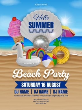 Merhaba, şişirilebilir plaj şemsiyeli ve plaj manzaralı bir deniz kabuğunda disko topu olan yaz partisi posteri. Plaj partisi ilanı.