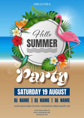 hello summer party poster with tropical plants and birds on beach landscape. summer party flyer
