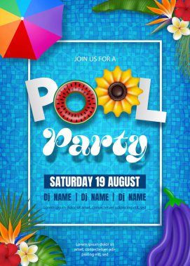 Yaz havuzu parti posteri, şişirilebilir, tropikal yapraklar ve su arka planında plaj şemsiyesi